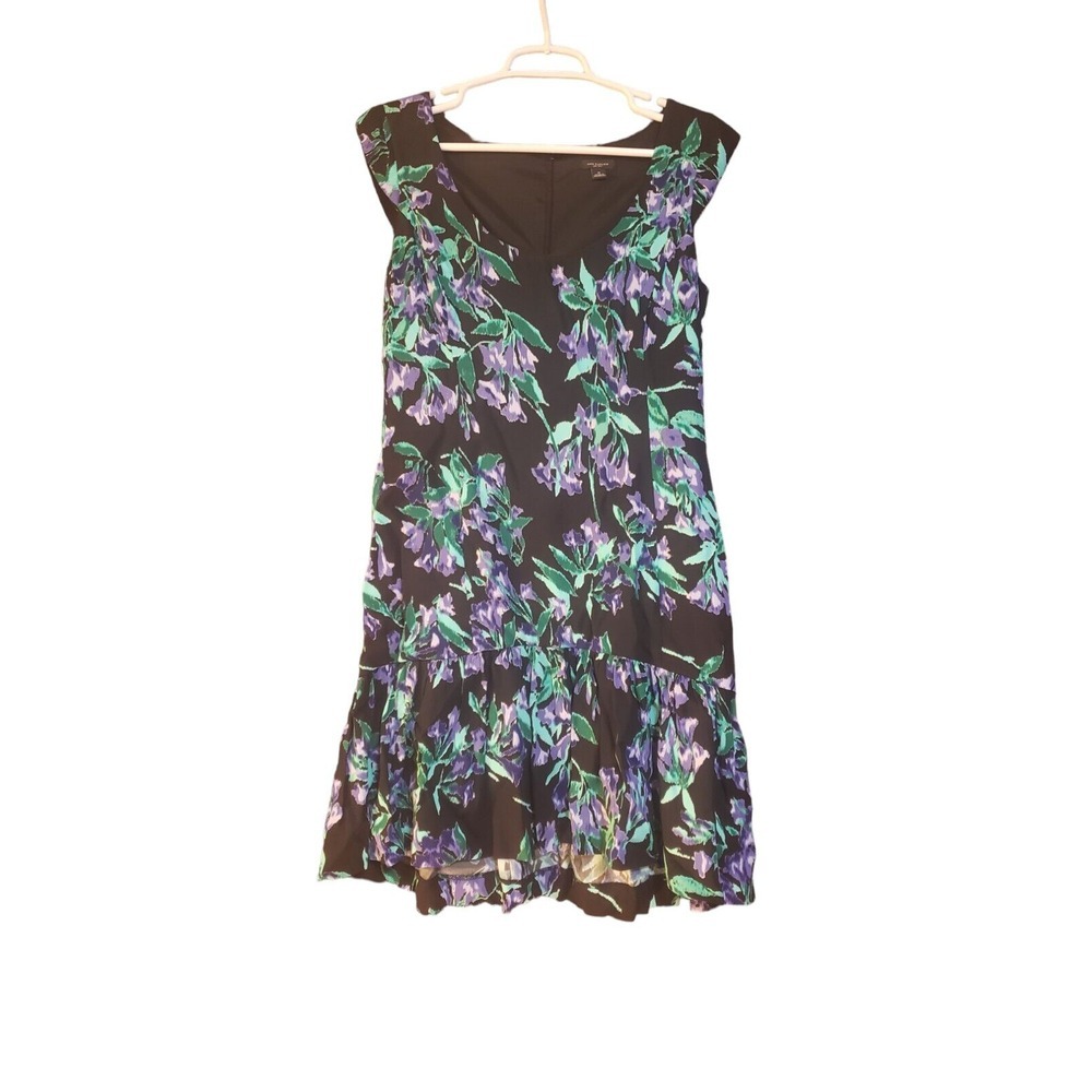 Ann Taylor‎ Floral Print Dress Cap Sleeves Black Purple Green Sleeveless sz 0